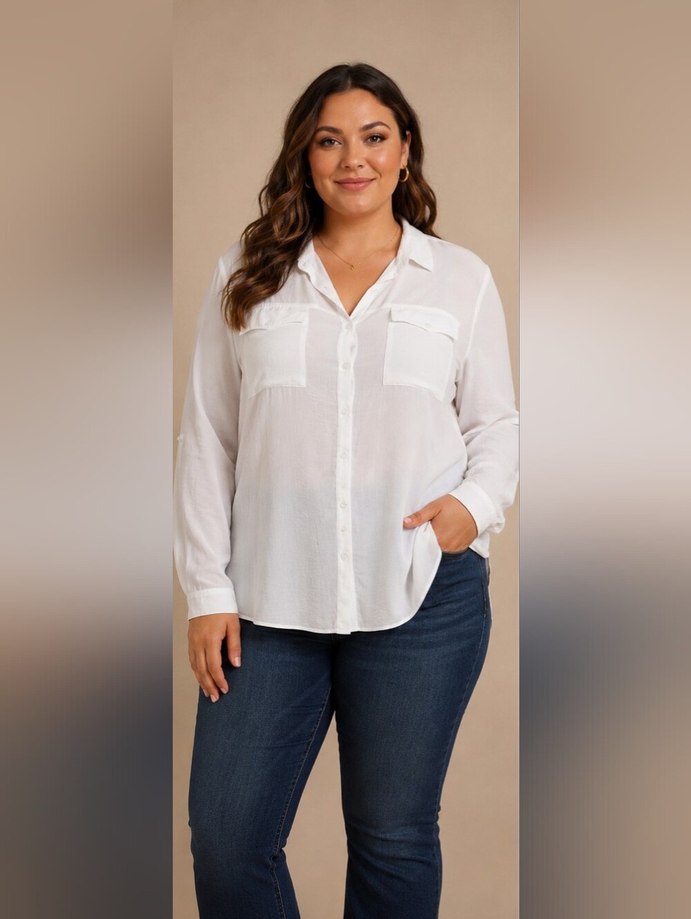 ANA White Long-Sleeve Button-Up Shirt for Women Size XL
